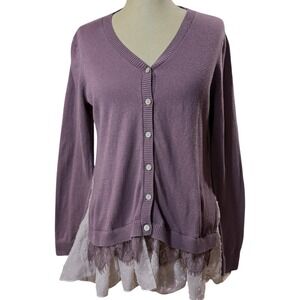 LOGO Lori Goldstein S Pastel Purple Lace Peplum Cashmere Cardigan Sweater Femme
